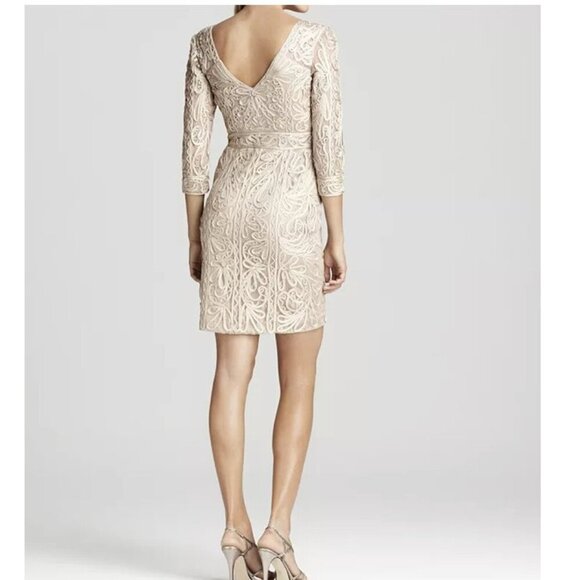 Sue Wong New Lace V Neck Three Quarter Sleeve Lined Beige Cocktail Sheath Dress - Picture 9 of 15